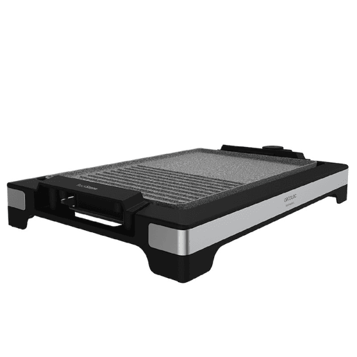 Cecotec Grelhador de mesa elétrico de 2000 W, com estrutura de design e acabamentos em aço inoxidável. Termostato regulável e placa antiaderente com superfície mista de grill e prancha, revestimento RockStone e apta para máquina da loiça.
