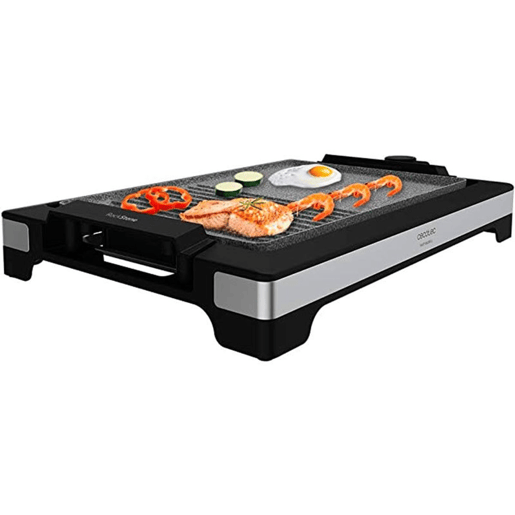 Cecotec Grelhador de mesa elétrico de 2000 W, com estrutura de design e acabamentos em aço inoxidável. Termostato regulável e placa antiaderente com superfície mista de grill e prancha, revestimento RockStone e apta para máquina da loiça.