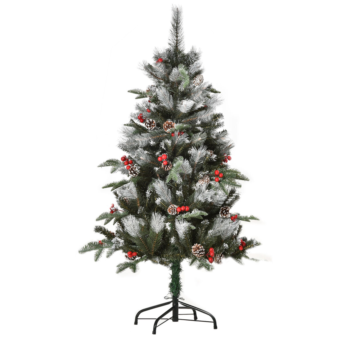 Homcom árbol de navidad artificial 120 cm con 266 ramas 27 piñas y 27 bayas hojas de plástico pe base de soporte plegable metálica decoración navideña para interiores verde
