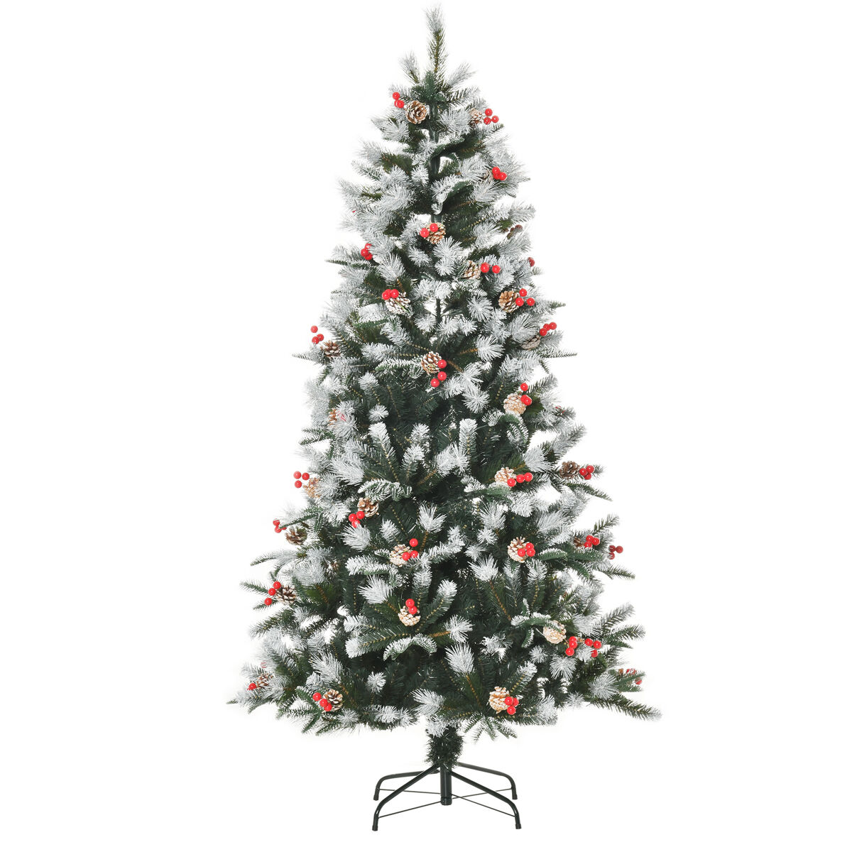 Homcom árbol de navidad artificial 180 cm con 678 ramas 53 piñas y 53 bayas hojas de plástico pe base de soporte plegable metálica decoración navideña para interiores verde