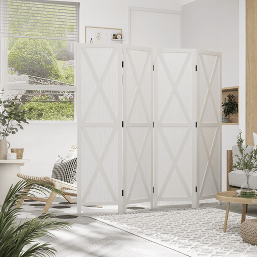 HOMCOM Biombo de 4 Paineis Separador de Ambientes Dobrável 182x170cm Divisória para Espaços de Madeira Decoração Elegante para Dormitório Sala de Estar Branco