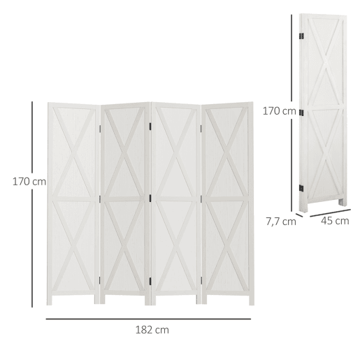 HOMCOM Biombo de 4 Paineis Separador de Ambientes Dobrável 182x170cm Divisória para Espaços de Madeira Decoração Elegante para Dormitório Sala de Estar Branco