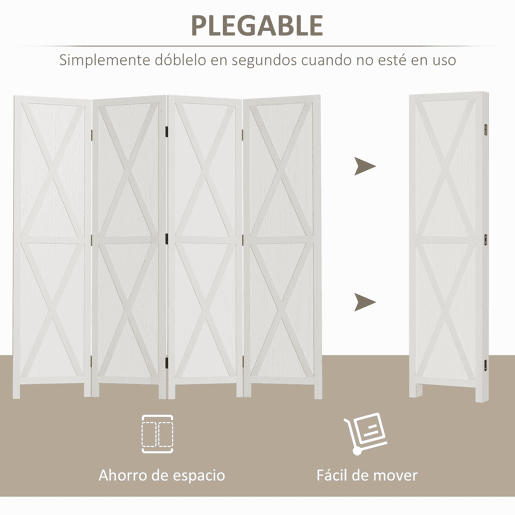 HOMCOM Biombo de 4 Paineis Separador de Ambientes Dobrável 182x170cm Divisória para Espaços de Madeira Decoração Elegante para Dormitório Sala de Estar Branco