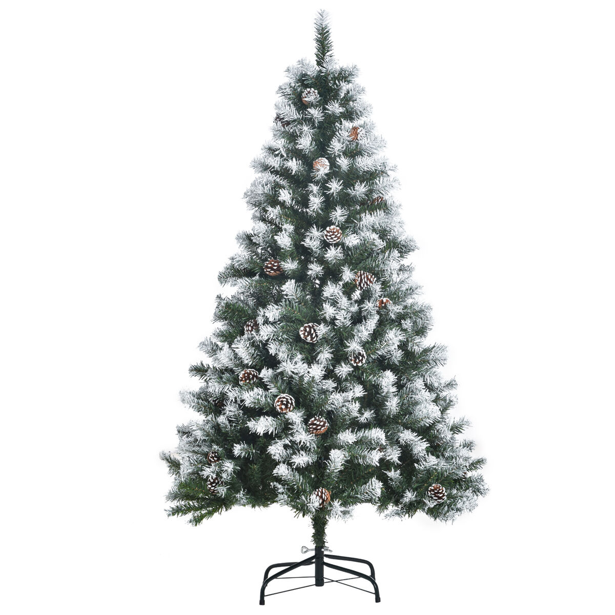Homcom árbol de navidad artificial 150 cm con nieve con 676 ramas 41 piñas hojas de plástico apertura automática base de soporte metálica y plegable decoración navideña para interiores verde