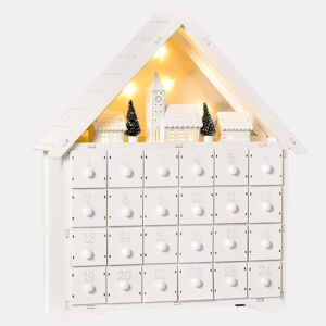 HOMCOM Calendário de Advento de Natal Madeira com 24 Gavetas e Luzes LED Decoração de Natal Modelo Casinha 39x9x42cm Branco