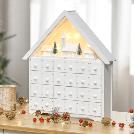 HOMCOM Calendário de Advento de Natal Madeira com 24 Gavetas e Luzes LED Decoração de Natal Modelo Casinha 39x9x42cm Branco