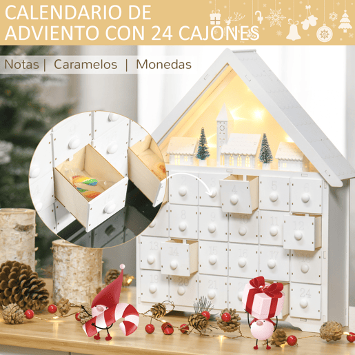 HOMCOM Calendário de Advento de Natal Madeira com 24 Gavetas e Luzes LED Decoração de Natal Modelo Casinha 39x9x42cm Branco