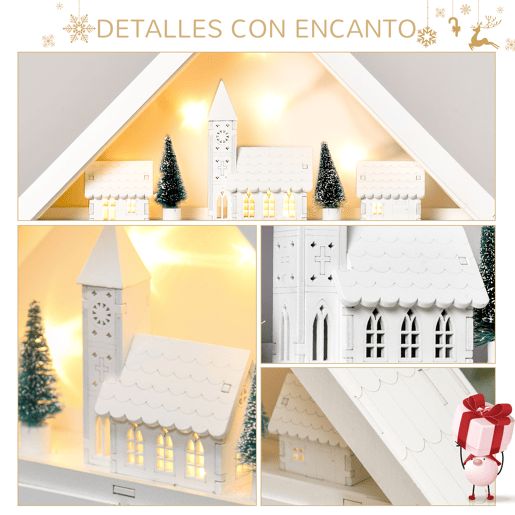 HOMCOM Calendário de Advento de Natal Madeira com 24 Gavetas e Luzes LED Decoração de Natal Modelo Casinha 39x9x42cm Branco