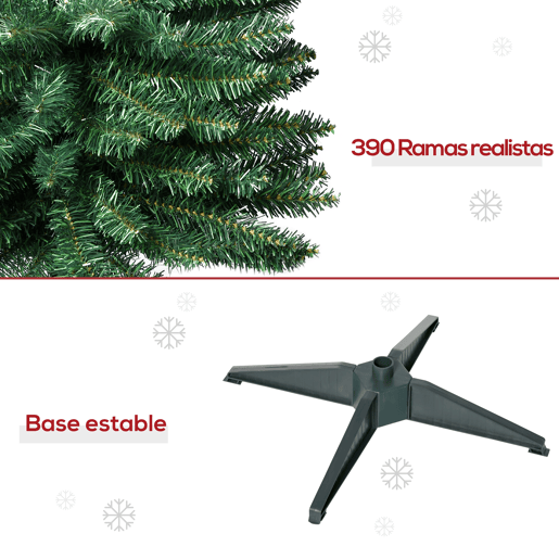 HOMCOM Árvore de Natal Artificial 180cm Ignífugo com 390 Pontas de Ramo PVC e Suporte de Metal Decoração de Natal para Interiores Fácil de Montar Verde