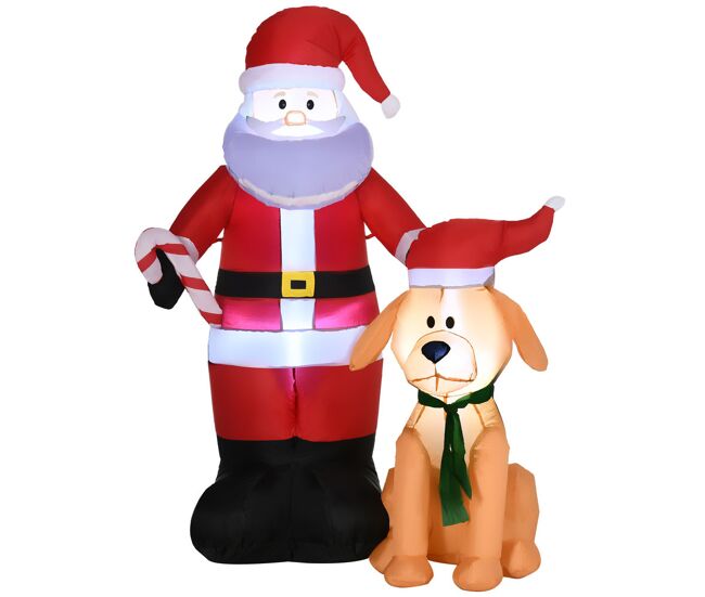 Outsunny papá noel inflable con perro con 9 luces led ip44 e inflador eléctrico decoración navideña para interiores y exteriores 117x80x157 cm multicolor