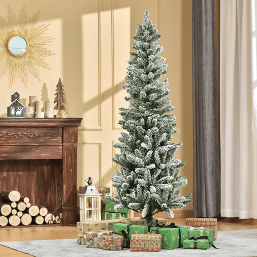 HOMCOM Árvore de Natal 180cm Neve Artificial com 394 Ramos Ignífugos de PVC Base Dobrável e Suporte de Aço Decoração de Natal para Interiores Ø60x180cm Verde e Branco