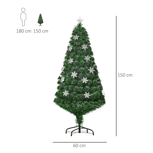HOMCOM Árvore de Natal Artificial 150 cm Árvore de Natal com 180 Ramos 21 Luzes LED e Fibra Óptica Decoração de Natal Ø60x150 cm Verde