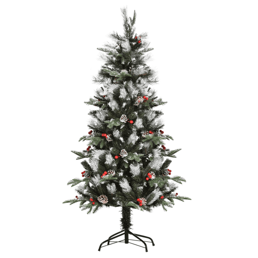 HOMCOM Árvore de Natal Artificial 150cm com 440 Ramas 39 Pinhas e 39 Frutinhas Folhas de PVC PE Base Dobrável e Suporte Metálico Decoração de Natal para Interiores Verde