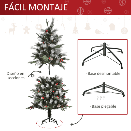 HOMCOM Árvore de Natal Artificial 150cm com 440 Ramas 39 Pinhas e 39 Frutinhas Folhas de PVC PE Base Dobrável e Suporte Metálico Decoração de Natal para Interiores Verde