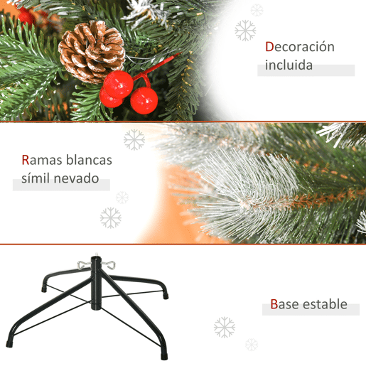 HOMCOM Árvore de Natal Artificial 150cm com 440 Ramas 39 Pinhas e 39 Frutinhas Folhas de PVC PE Base Dobrável e Suporte Metálico Decoração de Natal para Interiores Verde