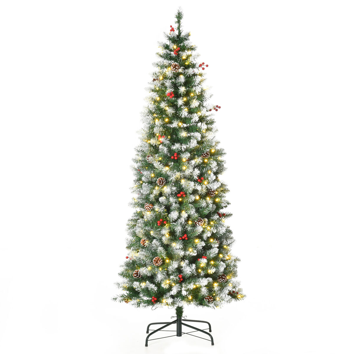 Homcom árbol de navidad nevado artificial 180 cm árbol de navidad con 300 luces led blanco cálido 618 ramas ignífugas de plástico decoraciones incluidas y base plegable ø65x180 cm verde