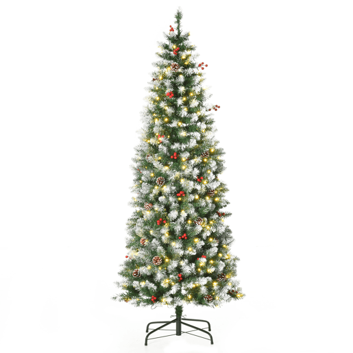 HOMCOM Árvore de Natal Nevada Artificial 180cm com 300 Luzes LED Branco Quente 618 Ramos Ignífugos de PVC Decorações Incluidadas e Base Dobrável Ø65x180cm Verde