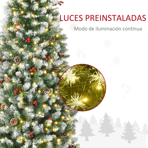 HOMCOM Árvore de Natal Nevada Artificial 180cm com 300 Luzes LED Branco Quente 618 Ramos Ignífugos de PVC Decorações Incluidadas e Base Dobrável Ø65x180cm Verde