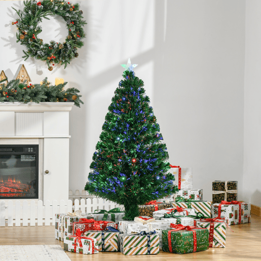 HOMCOM Árvore de Natal 120 cm Árvore de Natal Artificial com 130 Ramos 16 Luzes LED e Fibra Óptica Decoração de Natal Ø60x120 cm Verde