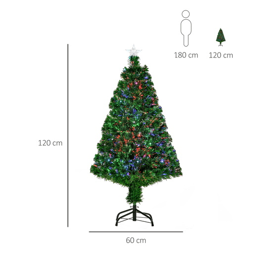 HOMCOM Árvore de Natal 120 cm Árvore de Natal Artificial com 130 Ramos 16 Luzes LED e Fibra Óptica Decoração de Natal Ø60x120 cm Verde