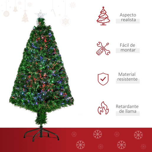 HOMCOM Árvore de Natal 120 cm Árvore de Natal Artificial com 130 Ramos 16 Luzes LED e Fibra Óptica Decoração de Natal Ø60x120 cm Verde