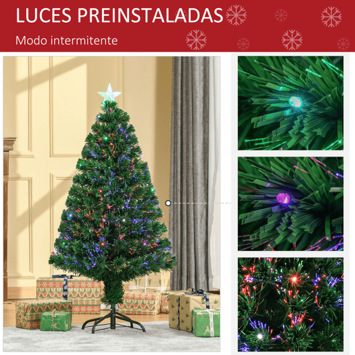 HOMCOM Árvore de Natal 120 cm Árvore de Natal Artificial com 130 Ramos 16 Luzes LED e Fibra Óptica Decoração de Natal Ø60x120 cm Verde