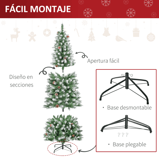 HOMCOM Árvore de Natal Artificial Ø75x180cm com 630 Ramas e 37 Pinhas Folhas de PVC Base Dobrável e Suporte Metálico Decoração de Natal para Interiores Verde