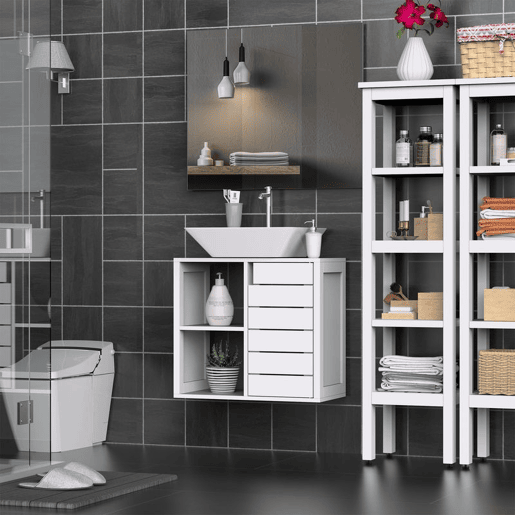 kleankin Móvel para Lavatório Pousar Móvel para Casa de Banho Suspenso com 2 Prateleiras Abertas e Armário com Prateleira Ajustável 60x30x54 cm Branco kleankin Móvel para Lavatório Pousar Móvel para Casa de Banho Suspenso com 2 Prateleiras Abertas e Armário com Prateleira Ajustável 60x30x54 cm Branco