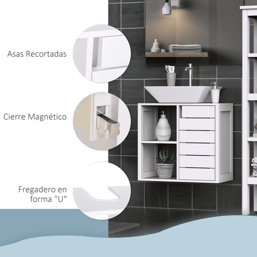 kleankin Móvel para Lavatório Pousar Móvel para Casa de Banho Suspenso com 2 Prateleiras Abertas e Armário com Prateleira Ajustável 60x30x54 cm Branco kleankin Móvel para Lavatório Pousar Móvel para Casa de Banho Suspenso com 2 Prateleiras Abertas e Armário com Prateleira Ajustável 60x30x54 cm Branco