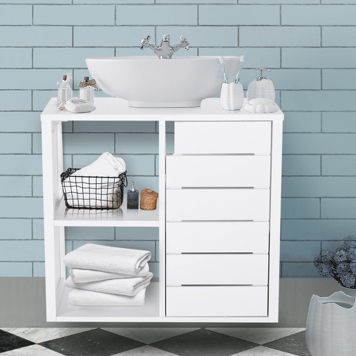 kleankin Móvel para Lavatório Pousar Móvel para Casa de Banho Suspenso com 2 Prateleiras Abertas e Armário com Prateleira Ajustável 60x30x54 cm Branco kleankin Móvel para Lavatório Pousar Móvel para Casa de Banho Suspenso com 2 Prateleiras Abertas e Armário com Prateleira Ajustável 60x30x54 cm Branco
