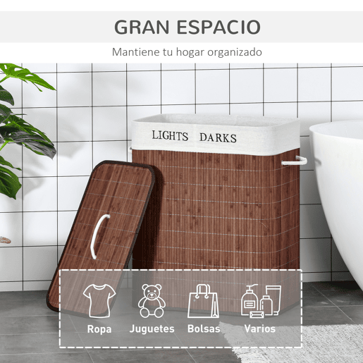 HOMCOM Cesto para Roupa Suja de Bambú Capacidade de 100L Cesta para Roupa Suja Retangular com Tampa Removível Bolsa com 2 Compartimentos 52x32x63cm Marrom