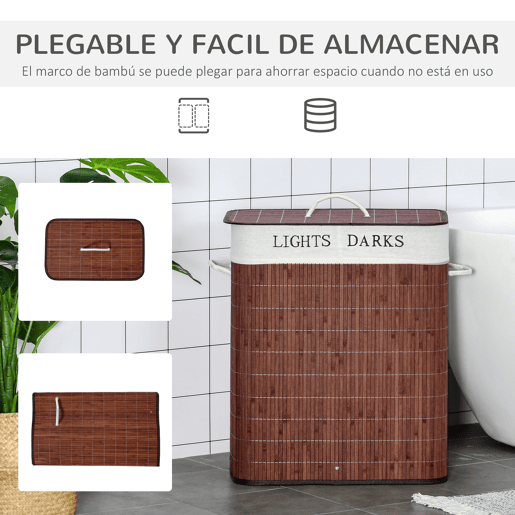 HOMCOM Cesto para Roupa Suja de Bambú Capacidade de 100L Cesta para Roupa Suja Retangular com Tampa Removível Bolsa com 2 Compartimentos 52x32x63cm Marrom