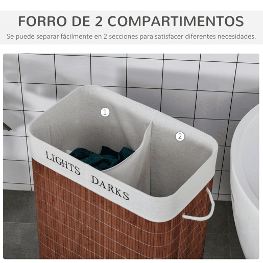 HOMCOM Cesto para Roupa Suja de Bambú Capacidade de 100L Cesta para Roupa Suja Retangular com Tampa Removível Bolsa com 2 Compartimentos 52x32x63cm Marrom