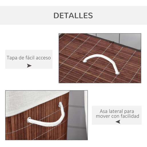 HOMCOM Cesto para Roupa Suja de Bambú Capacidade de 100L Cesta para Roupa Suja Retangular com Tampa Removível Bolsa com 2 Compartimentos 52x32x63cm Marrom