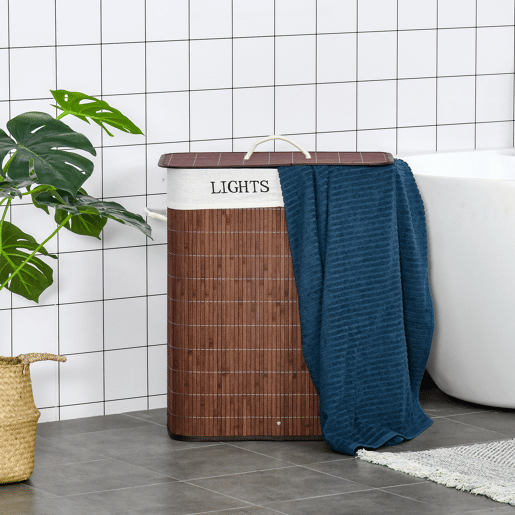 HOMCOM Cesto para Roupa Suja de Bambú Capacidade de 100L Cesta para Roupa Suja Retangular com Tampa Removível Bolsa com 2 Compartimentos 52x32x63cm Marrom
