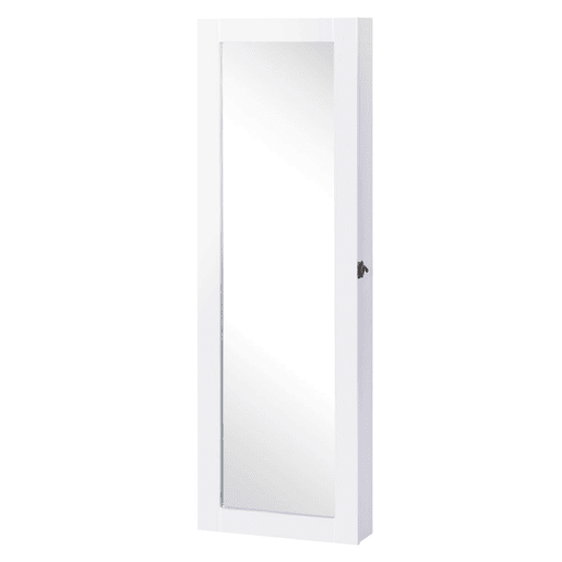 HOMCOM Espelho com Móvel de Bijuterias de Parede Espelho de Parede Organizador de Jóias com Ganchos e Ranhuras para Dormitórios 37x9,5x112cm Branco