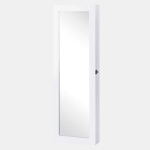 HOMCOM Espelho com Móvel de Bijuterias de Parede Espelho de Parede Organizador de Jóias com Ganchos e Ranhuras para Dormitórios 37x9,5x112cm Branco