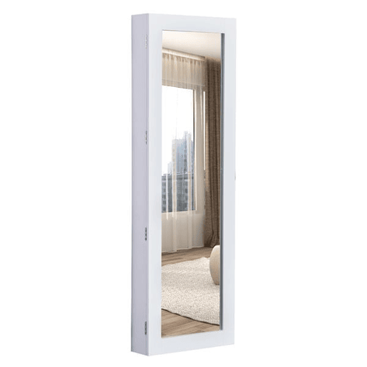 HOMCOM Espelho com Móvel de Bijuterias de Parede Espelho de Parede Organizador de Jóias com Ganchos e Ranhuras para Dormitórios 37x9,5x112cm Branco