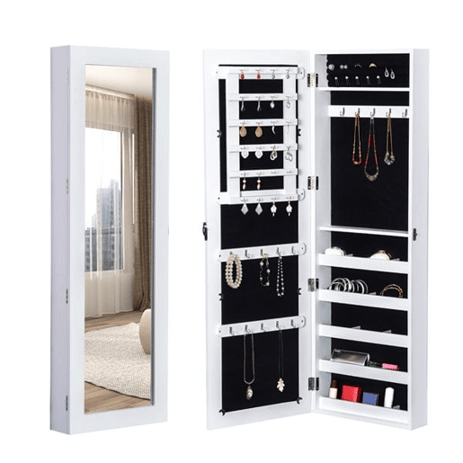 HOMCOM Espelho com Móvel de Bijuterias de Parede Espelho de Parede Organizador de Jóias com Ganchos e Ranhuras para Dormitórios 37x9,5x112cm Branco