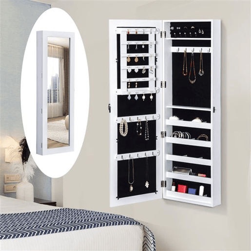 HOMCOM Espelho com Móvel de Bijuterias de Parede Espelho de Parede Organizador de Jóias com Ganchos e Ranhuras para Dormitórios 37x9,5x112cm Branco