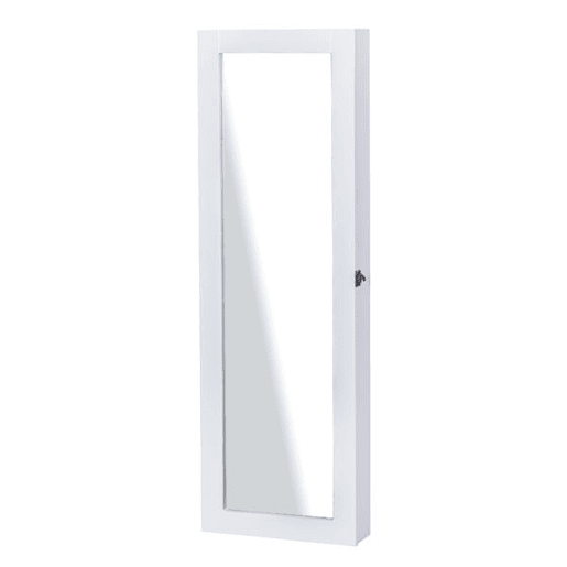 HOMCOM Espelho com Móvel de Bijuterias de Parede Espelho de Parede Organizador de Jóias com Ganchos e Ranhuras para Dormitórios 37x9,5x112cm Branco