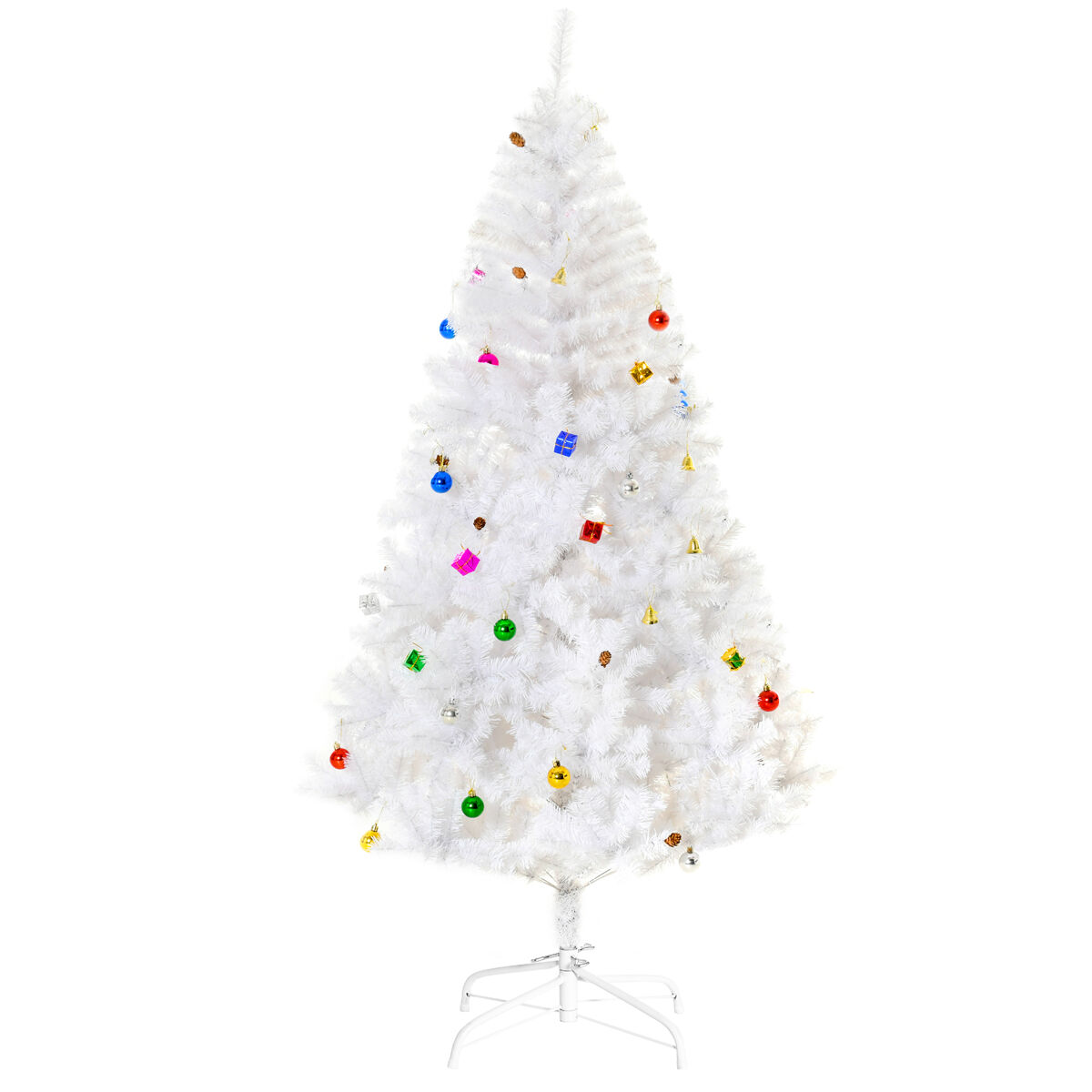 Homcom árbol de navidad 180cm artificial pino con adornos decorativos 48 pcs y soporte metálico color blanco árbol realista para decoración navidad