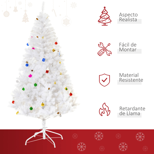 HOMCOM Árvore de Natal Artificial 180cm com 930 Ramos de PVC 48 Decorações Incluidas Suporte Metálico Decoração de Natal para Interiores Ø105x180cm Branco HOMCOM Árvore de Natal Artificial 180cm com 930 Ramos de PVC 48 Decorações Incluidas Suporte Metálico Decoração de Natal para Interiores Ø105x180cm Branco