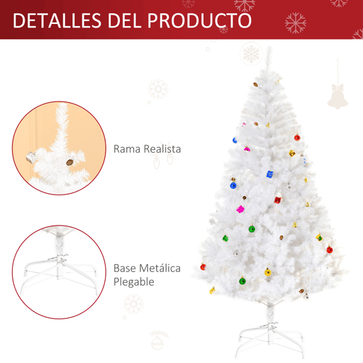 HOMCOM Árvore de Natal Artificial 180cm com 930 Ramos de PVC 48 Decorações Incluidas Suporte Metálico Decoração de Natal para Interiores Ø105x180cm Branco HOMCOM Árvore de Natal Artificial 180cm com 930 Ramos de PVC 48 Decorações Incluidas Suporte Metálico Decoração de Natal para Interiores Ø105x180cm Branco