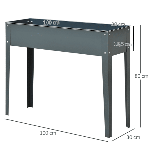 Outsunny Horta Urbana Elevada para Jardim e Terraço, Floreira Retangular Elevada, Mesa de Cultivo para Plantas, Legumes e Flores com 3 Orifícios de Drenagem, 100x30x80 cm, Cinzento