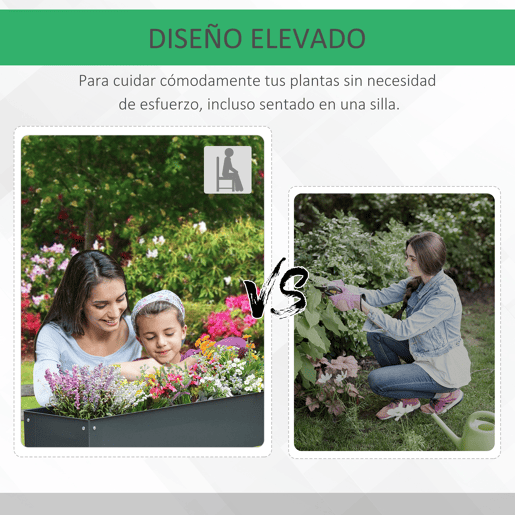 Outsunny Horta Urbana Elevada para Jardim e Terraço, Floreira Retangular Elevada, Mesa de Cultivo para Plantas, Legumes e Flores com 3 Orifícios de Drenagem, 100x30x80 cm, Cinzento