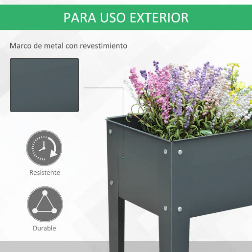 Outsunny Horta Urbana Elevada para Jardim e Terraço, Floreira Retangular Elevada, Mesa de Cultivo para Plantas, Legumes e Flores com 3 Orifícios de Drenagem, 100x30x80 cm, Cinzento
