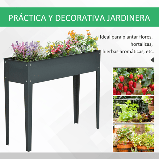 Outsunny Horta Urbana Elevada para Jardim e Terraço, Floreira Retangular Elevada, Mesa de Cultivo para Plantas, Legumes e Flores com 3 Orifícios de Drenagem, 100x30x80 cm, Cinzento