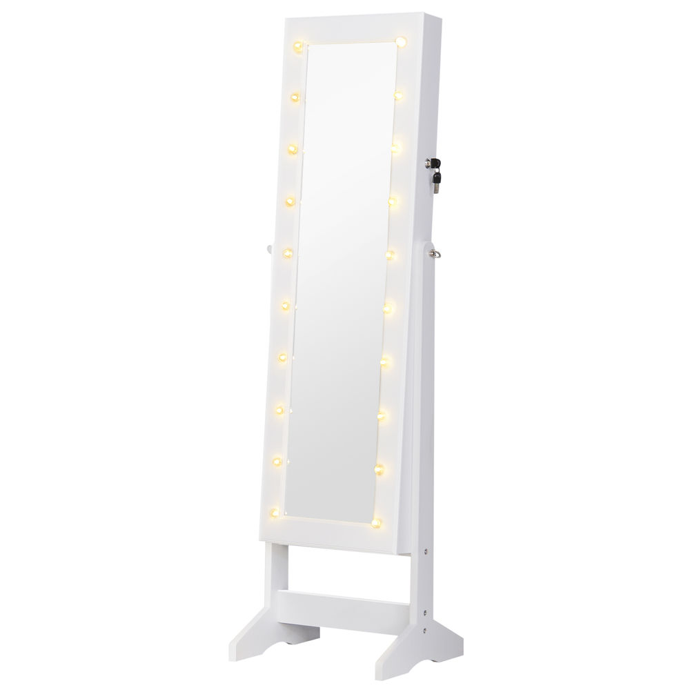 Homcom espejo joyero con 20 luces led armario joyero reclinable con guardajoyas anillos pendientes collares cerradura y llaves 40x37x146 cm blanco