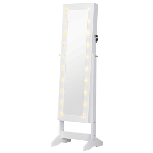 HOMCOM Armário para Joias 20 Luzes de LED Reclinável Fechadura Madeira 40x37x146cm Branco